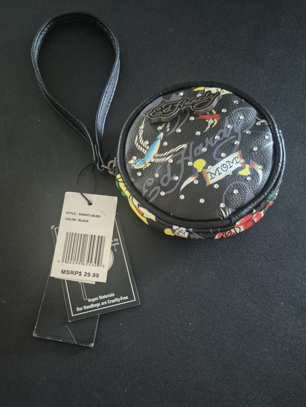 Ed Hardy Black Round Wristlet Coin Case with Colorful Tattoo Motifs